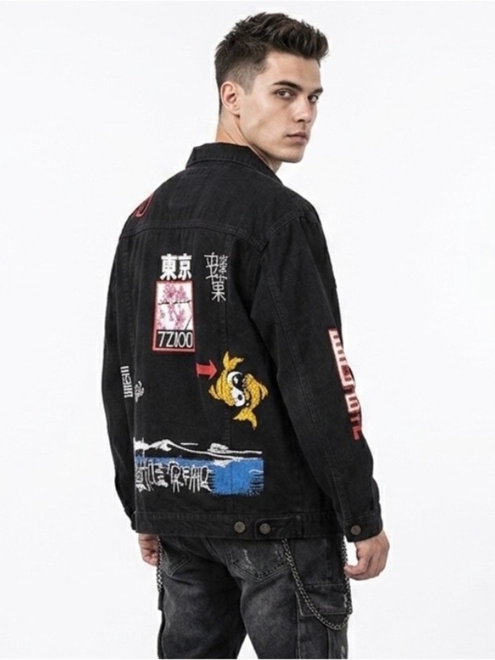 Asian Graffiti Black Denim Jacket Unisex Medium Tokyo Streetwear Urban Grunge